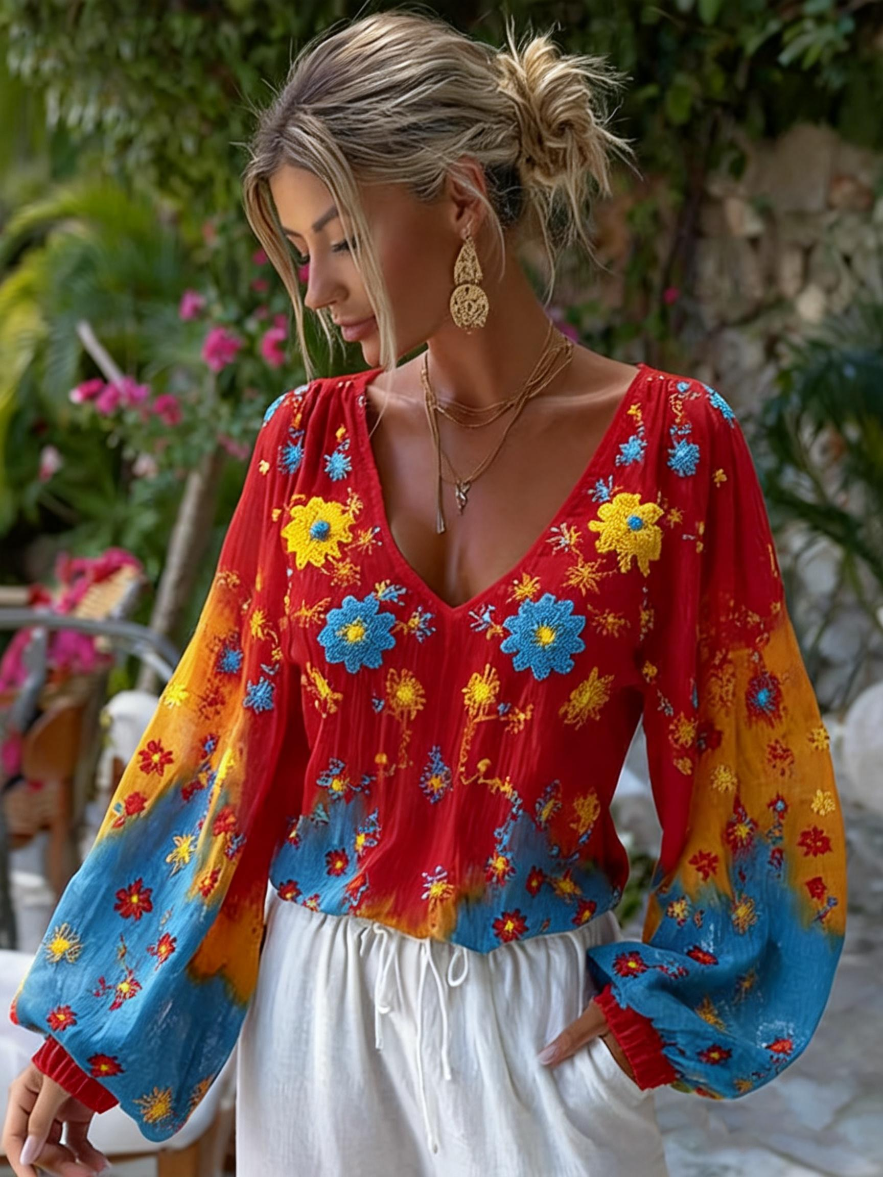 Women's Bohemian Floral Embroidered Loose Lantern Sleeve Blouse