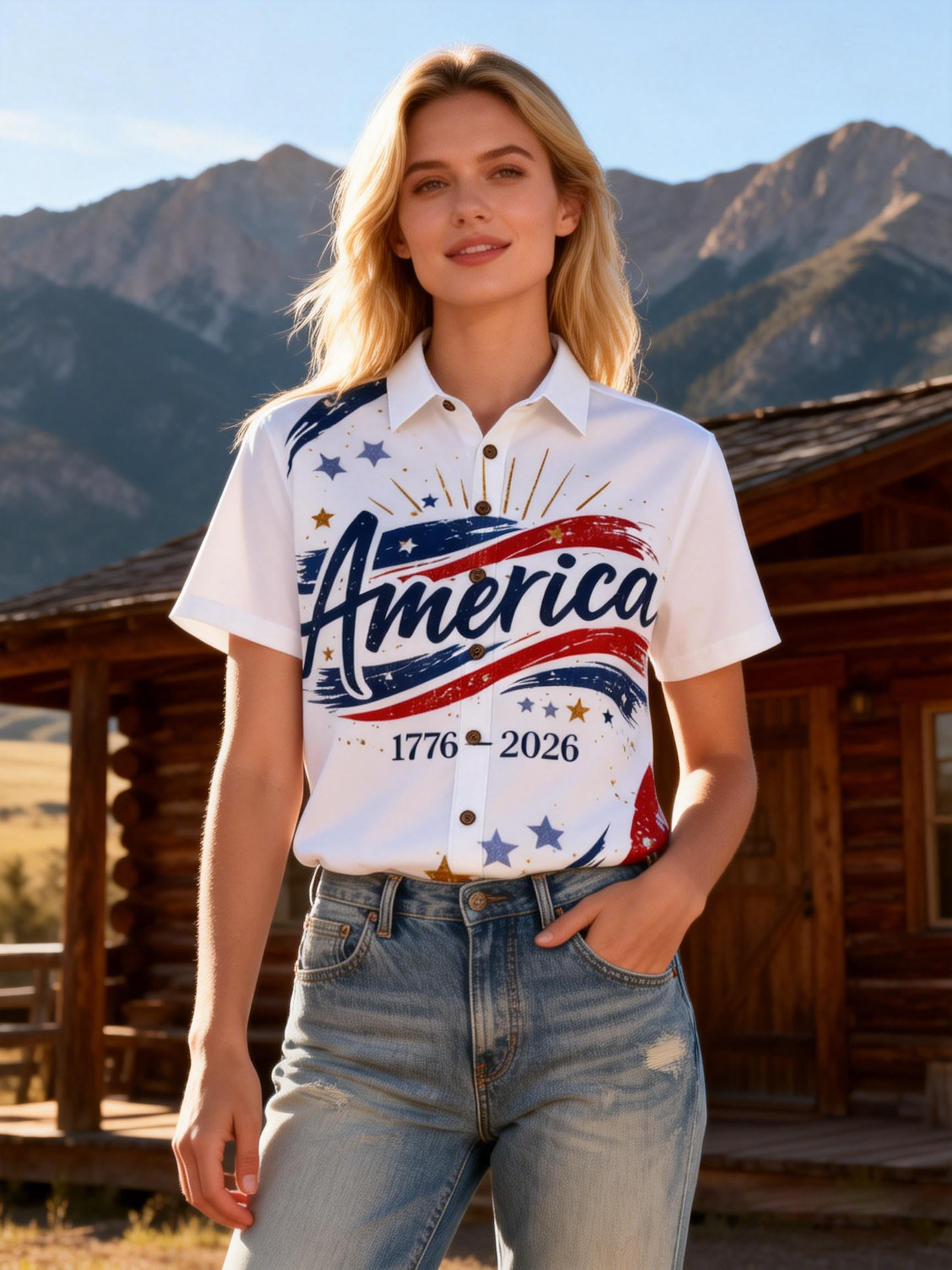 Women's America 250th Anniversary Flag Print Short Sleeve Shirt