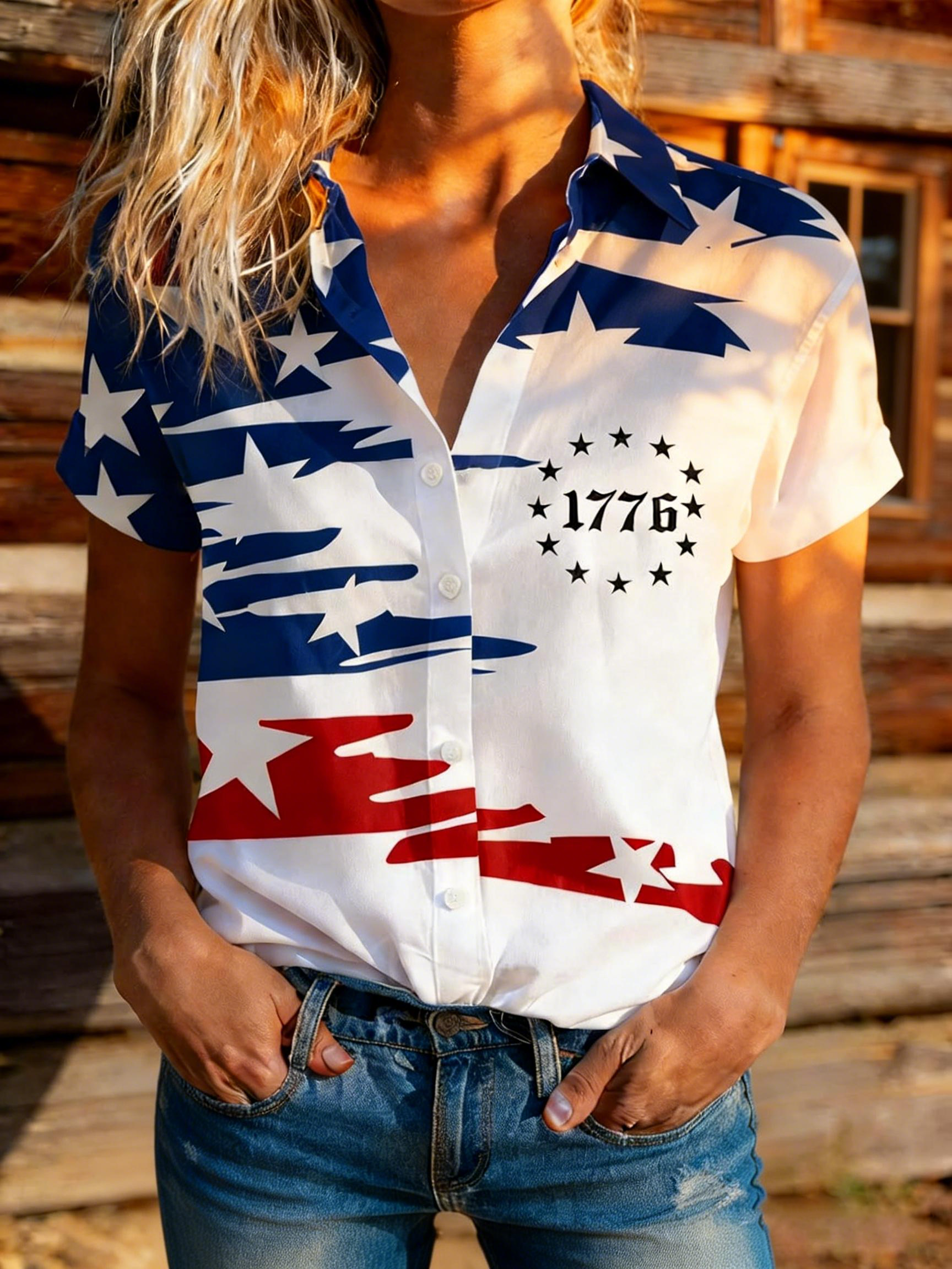 Women's 1776 Flag Brush Print Short Sleeve Shirt