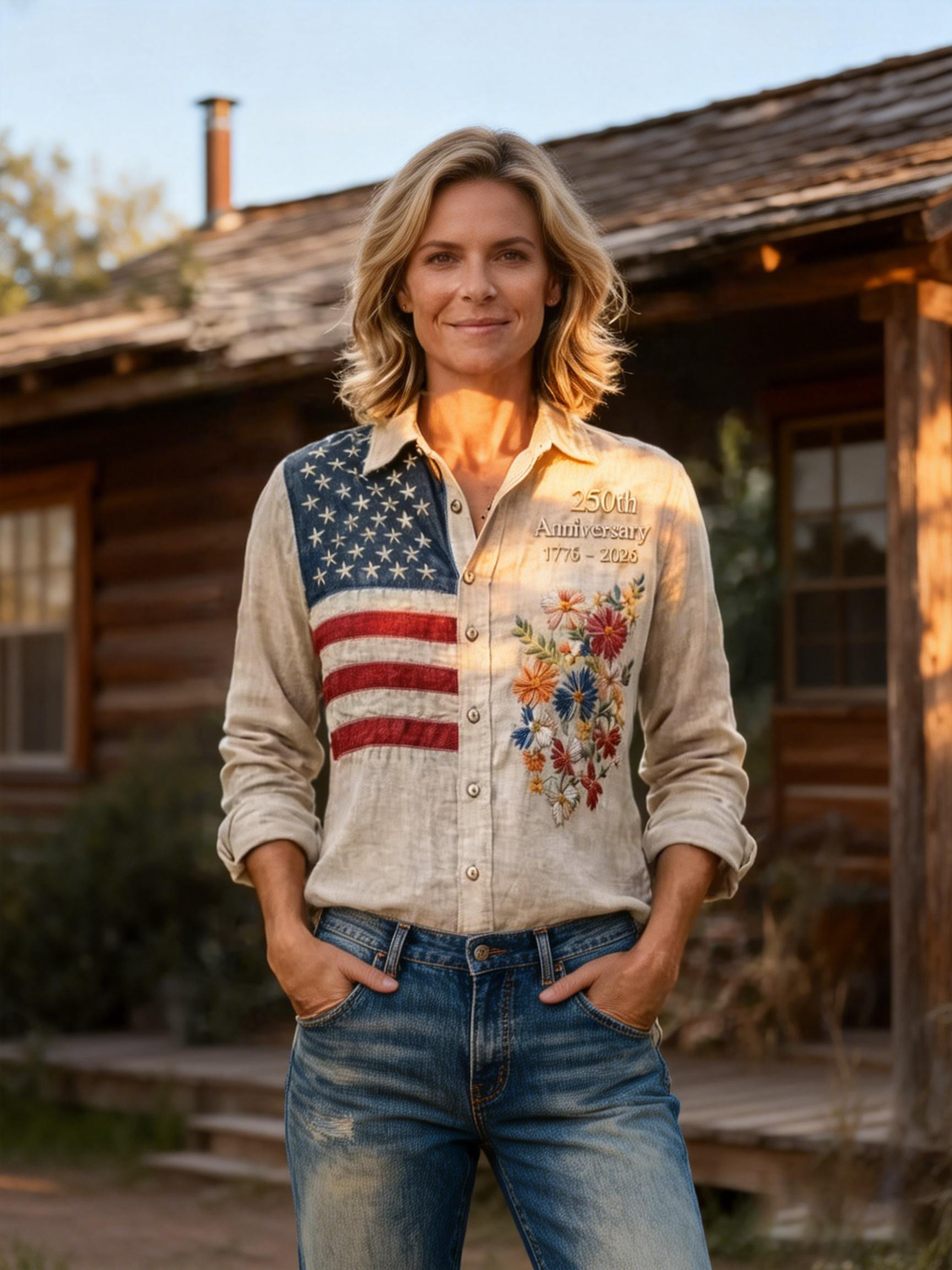 Women's America 250th Anniversary Flag & Floral Embroidered Shirt