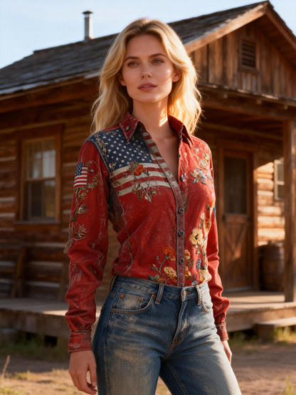 Women's Red Flag & Floral Embroidered Western Shirt