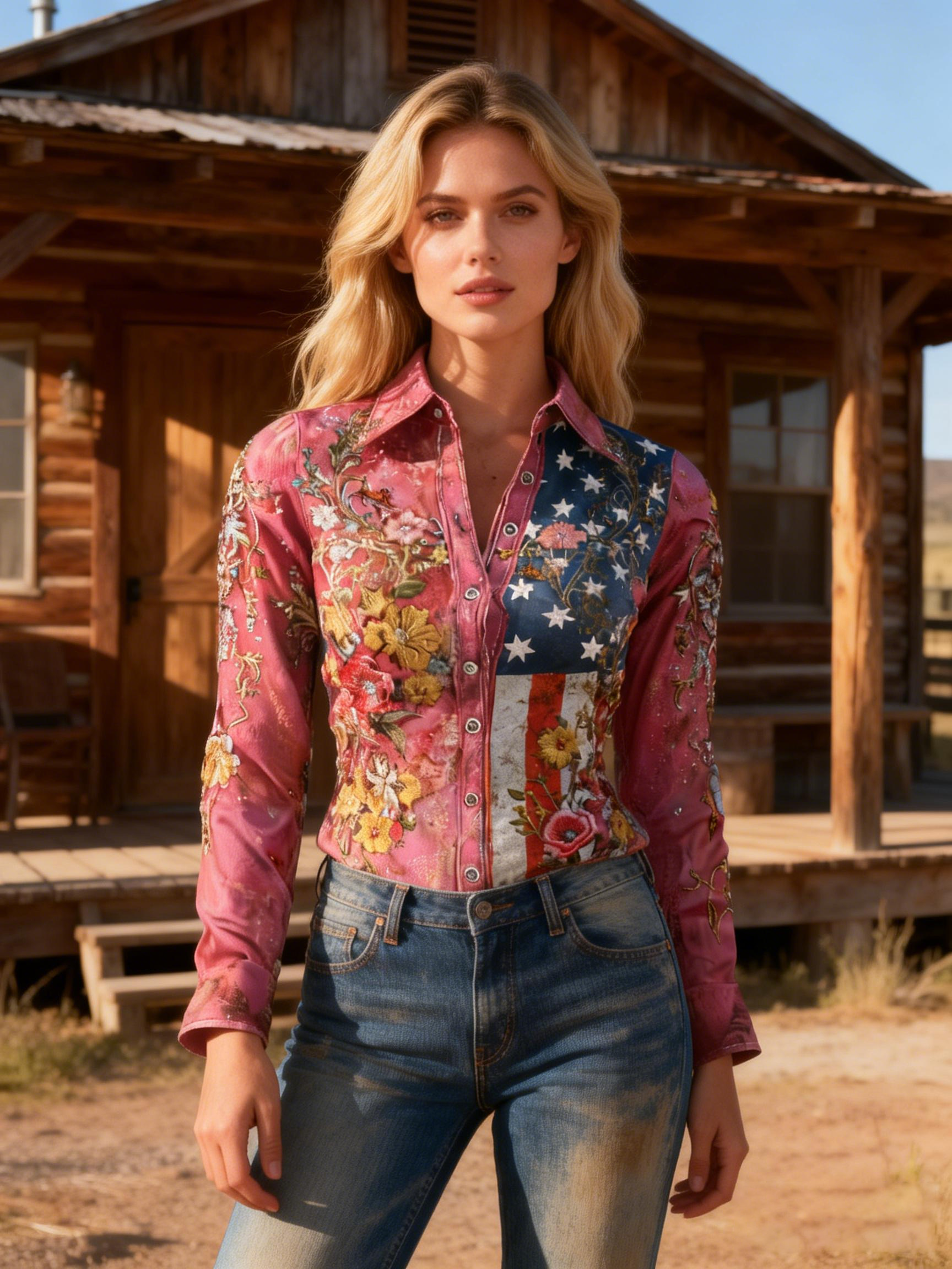 Women's Pink Floral & Flag Panel Western Shirt