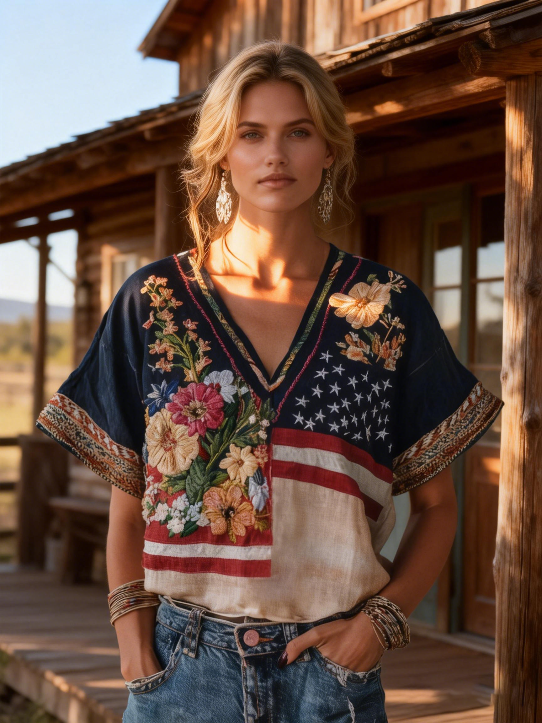 Women's Flag & Floral Embroidered V-Neck Top