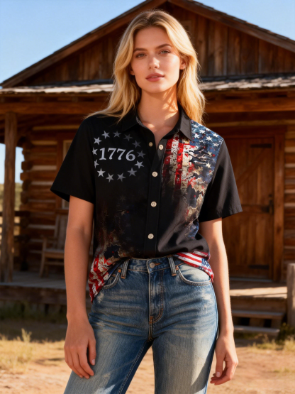 Women's 1776 Flag Brush Print Short Sleeve Shirt