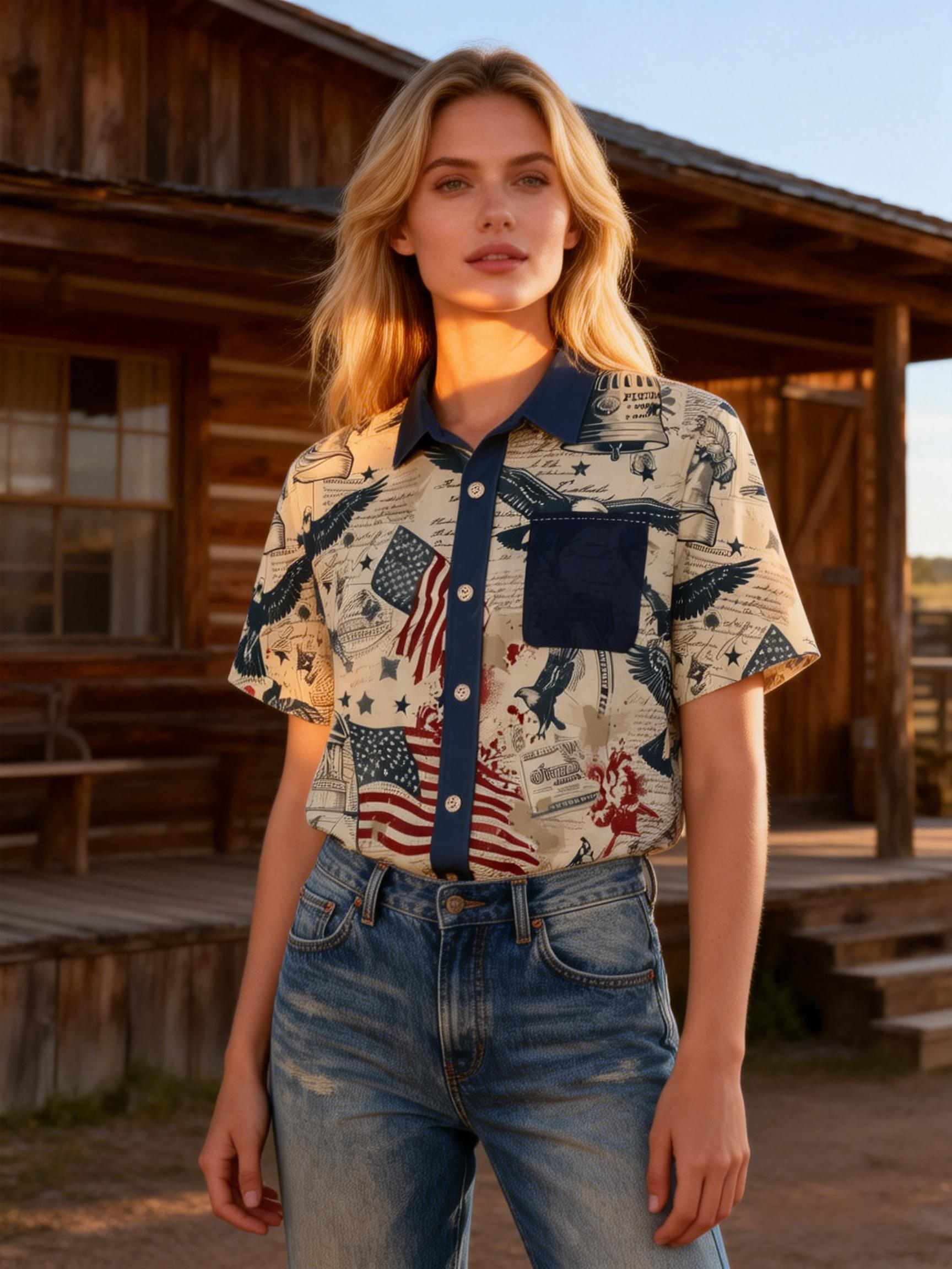 Women's Flag & Eagle All-Over Print Short Sleeve Shirt