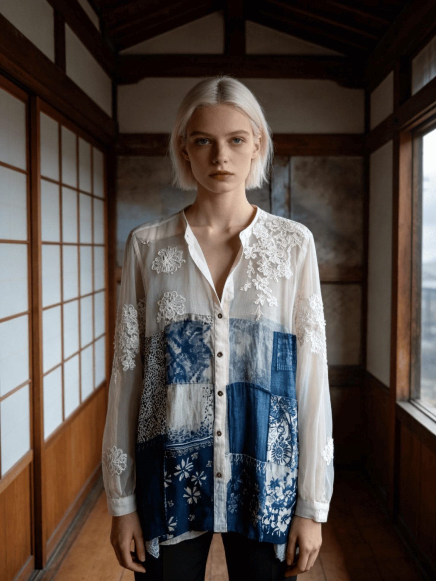 Women's Blue & White Patchwork Lace Linen Shirt
