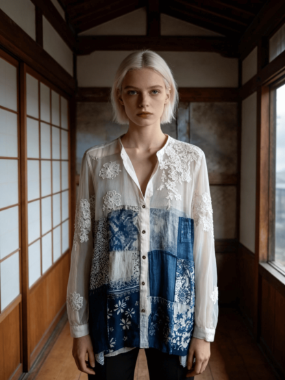Women's Blue & White Patchwork Lace Linen Shirt