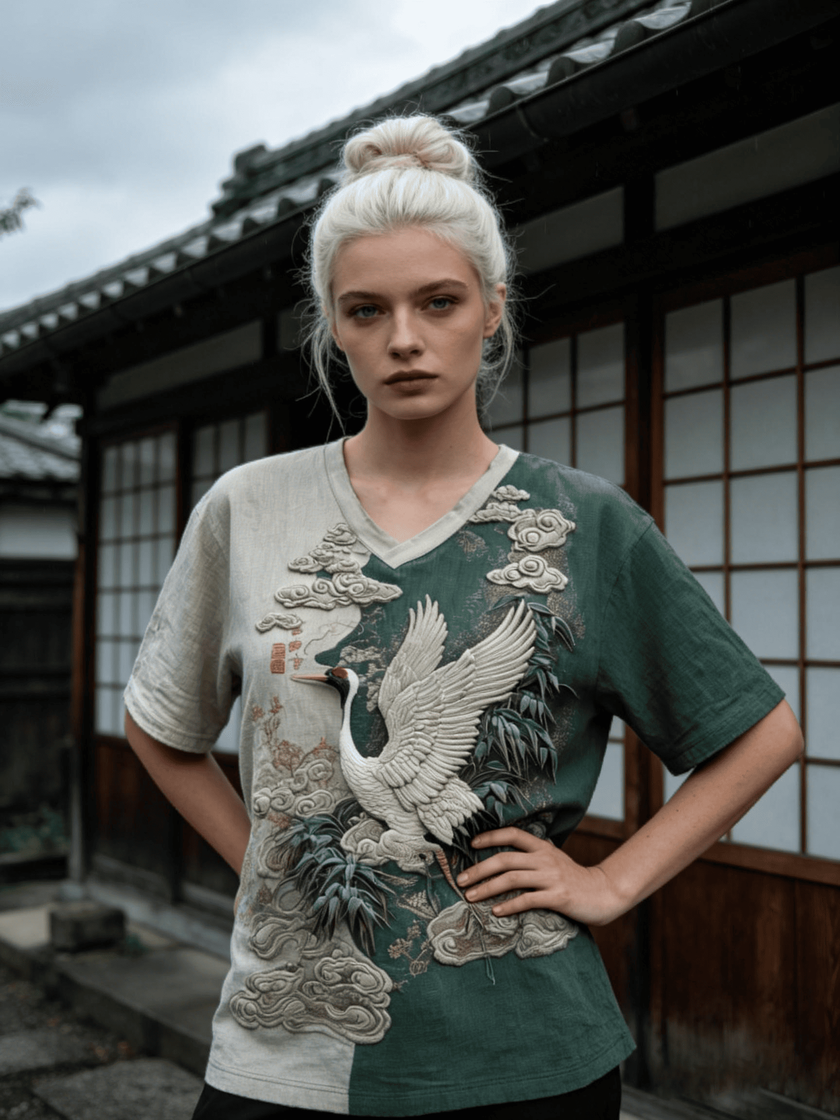Women's Two-Tone Crane Embroidered Linen V-Neck T-Shirt