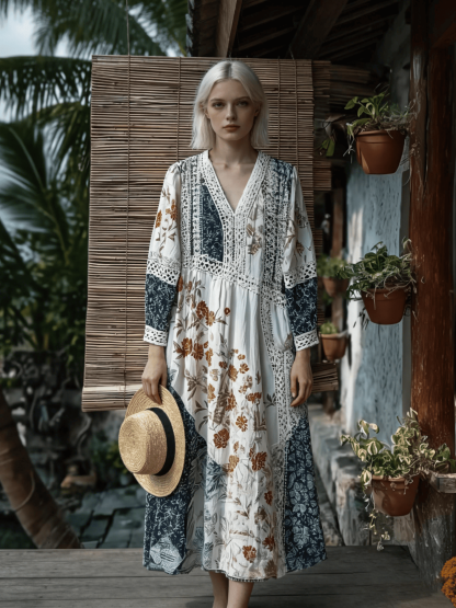 Women's Bohemian Lace Patchwork Floral Maxi Dress