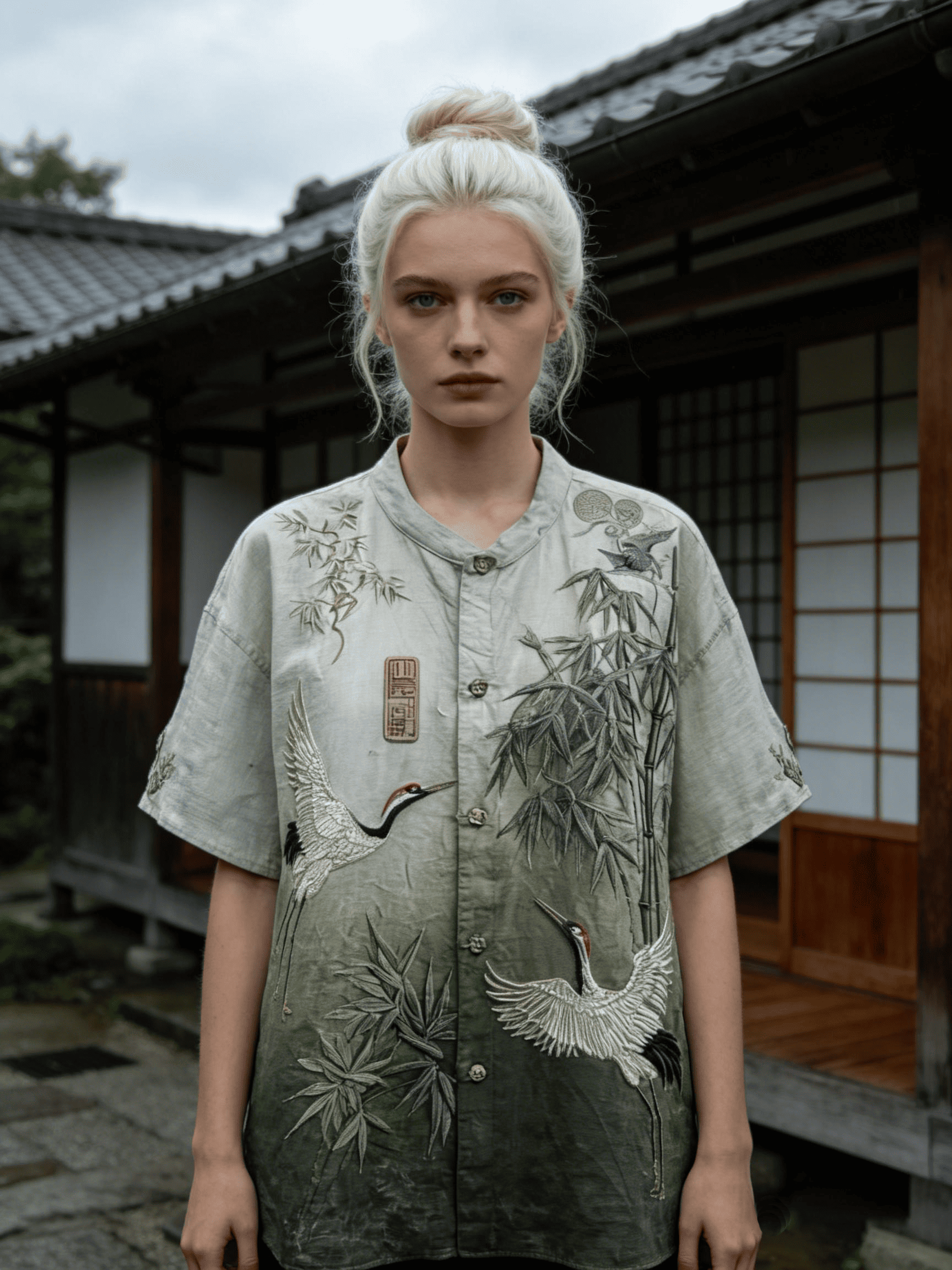 Women's Gradient Crane & Bamboo Embroidered Linen Shirt