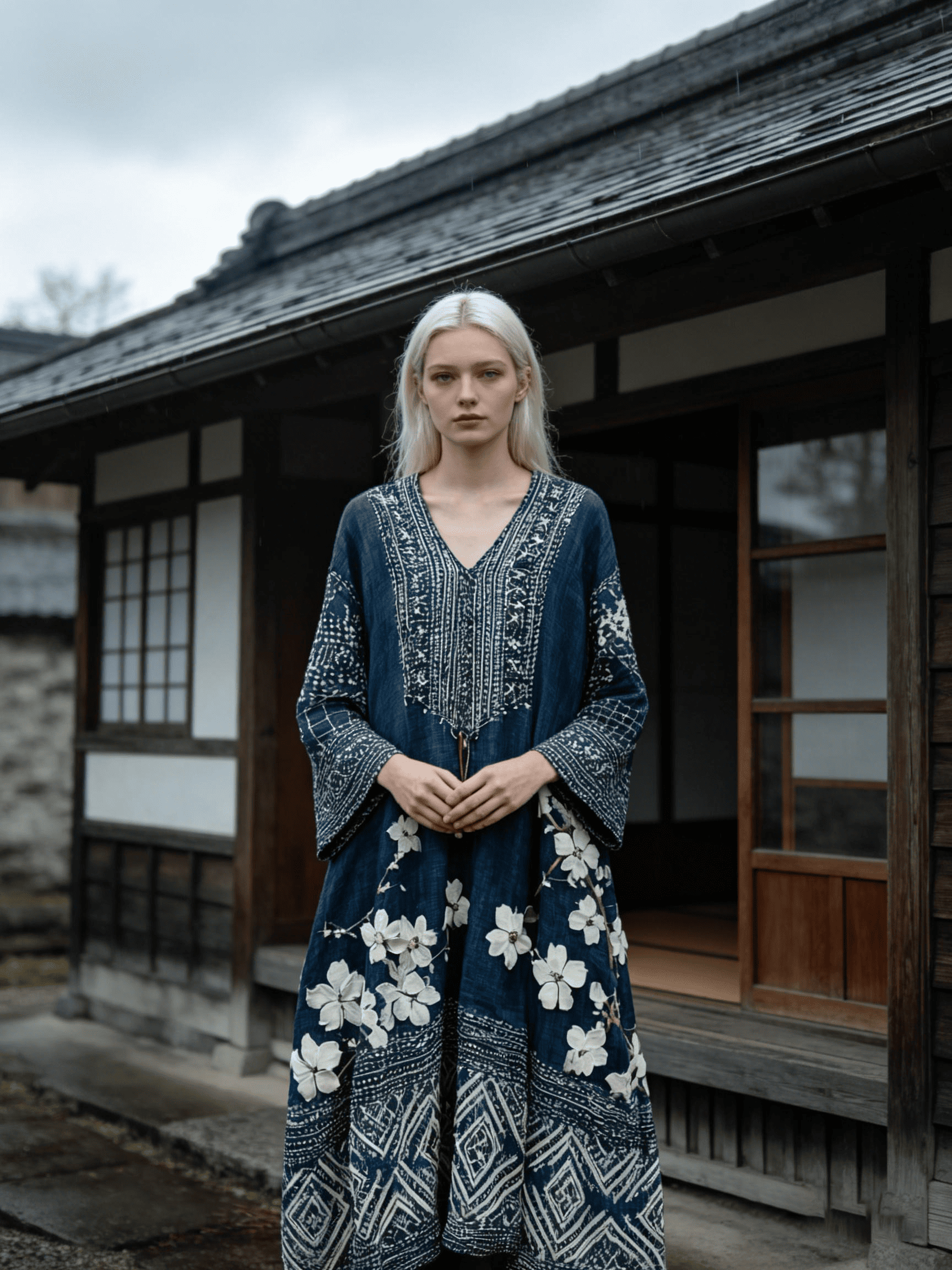 Women's Indigo Floral Embroidered Loose Maxi Dress