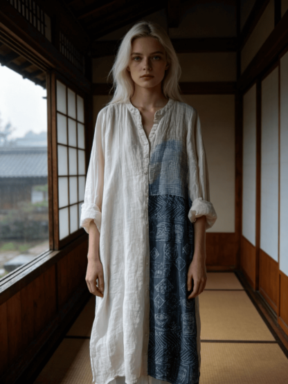 Women's Color Block Indigo Patchwork Linen Shirt Dress