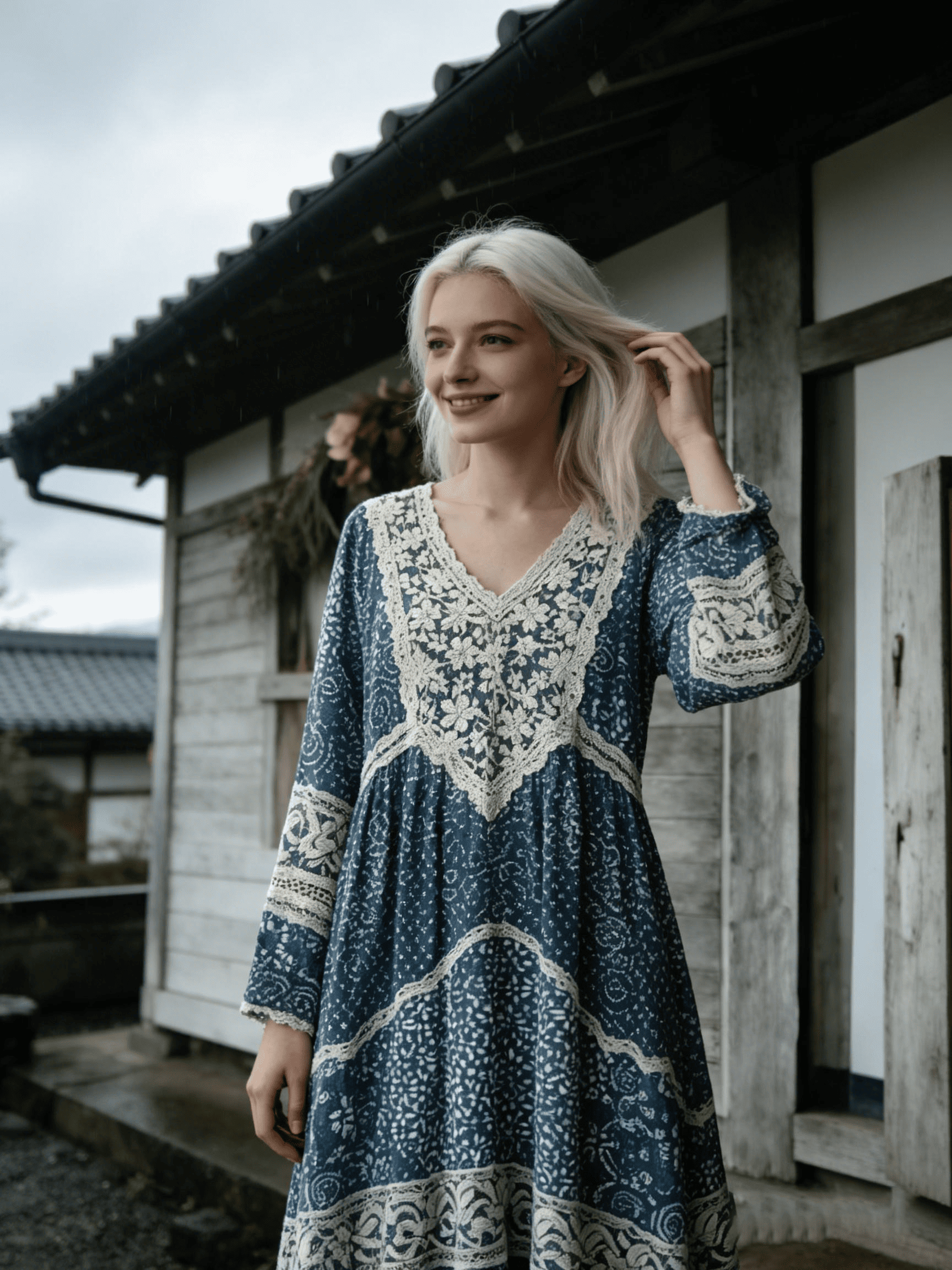 Women's Blue Lace Patchwork Floral Maxi Dress