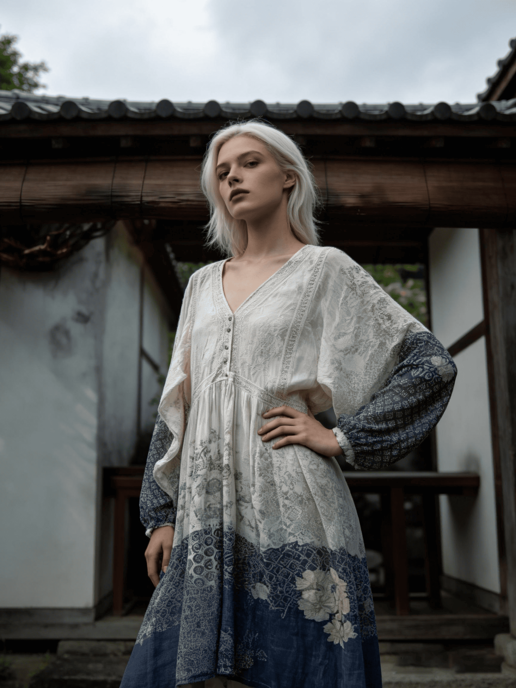 Women's Gradient Indigo Patchwork Lace Dress