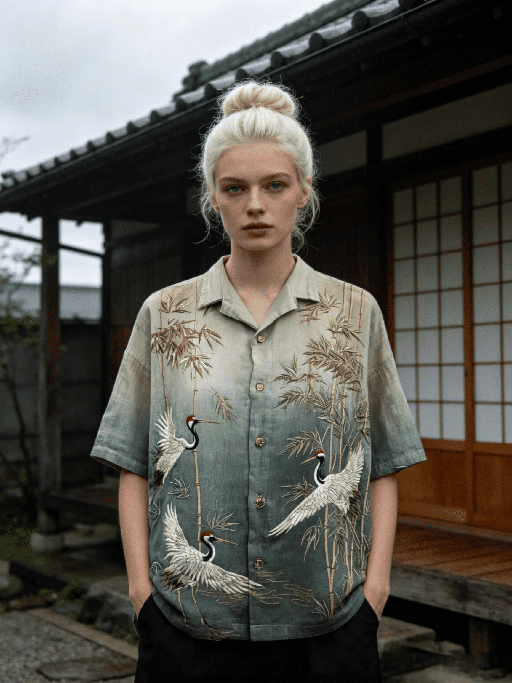 Women's Crane & Bamboo Embroidered Gradient Shirt