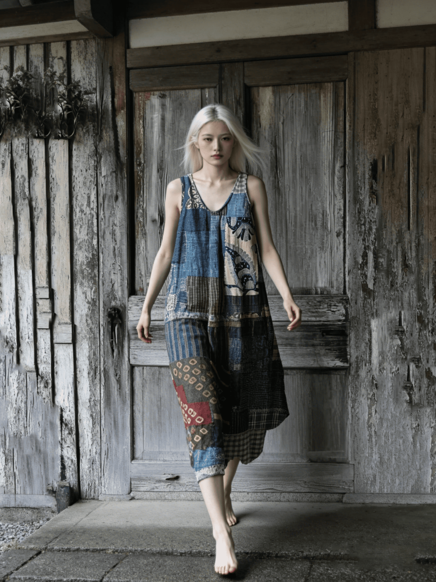 Women's Indigo Patchwork Sleeveless Vest Dress