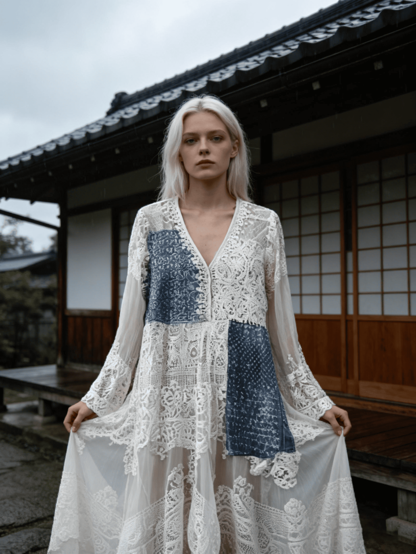Women's Lace & Indigo Patchwork Sheer Maxi Dress