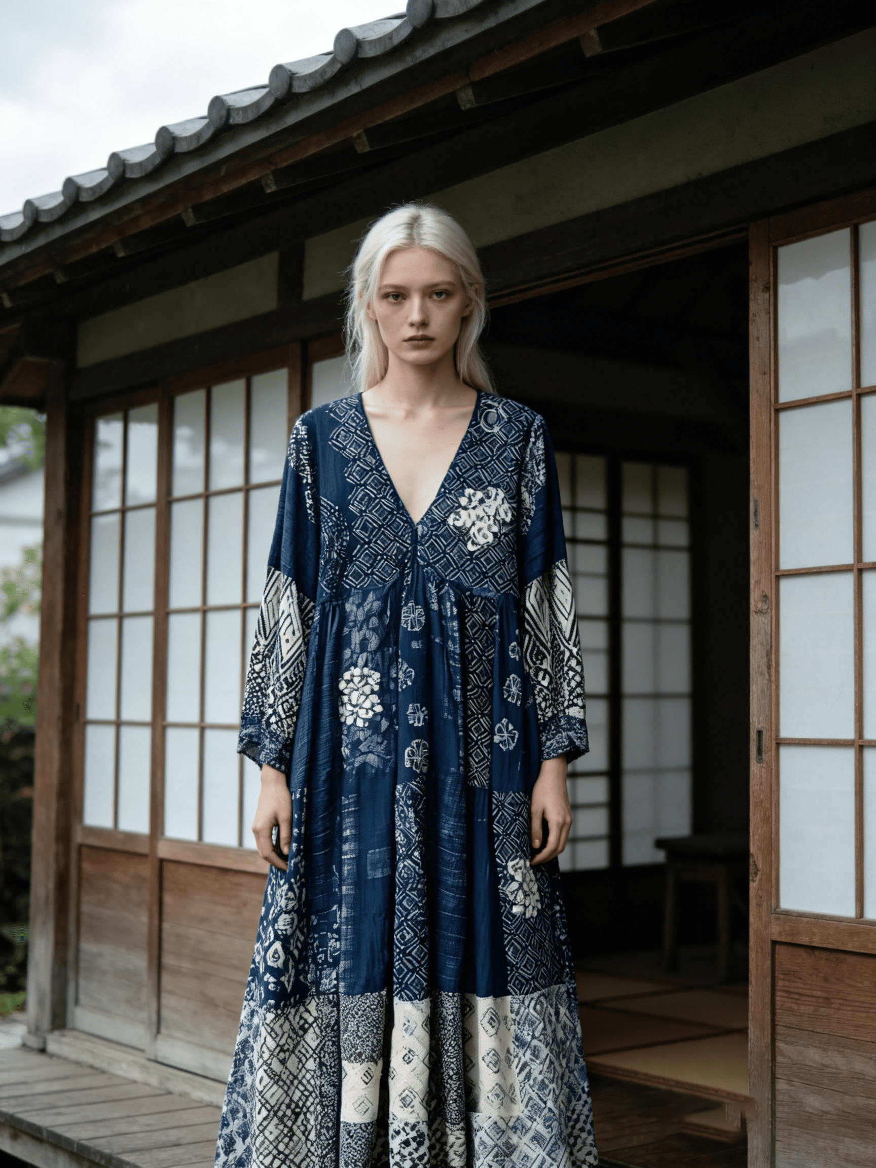 Women's Blue & White Geometric Floral Patchwork Maxi Dress