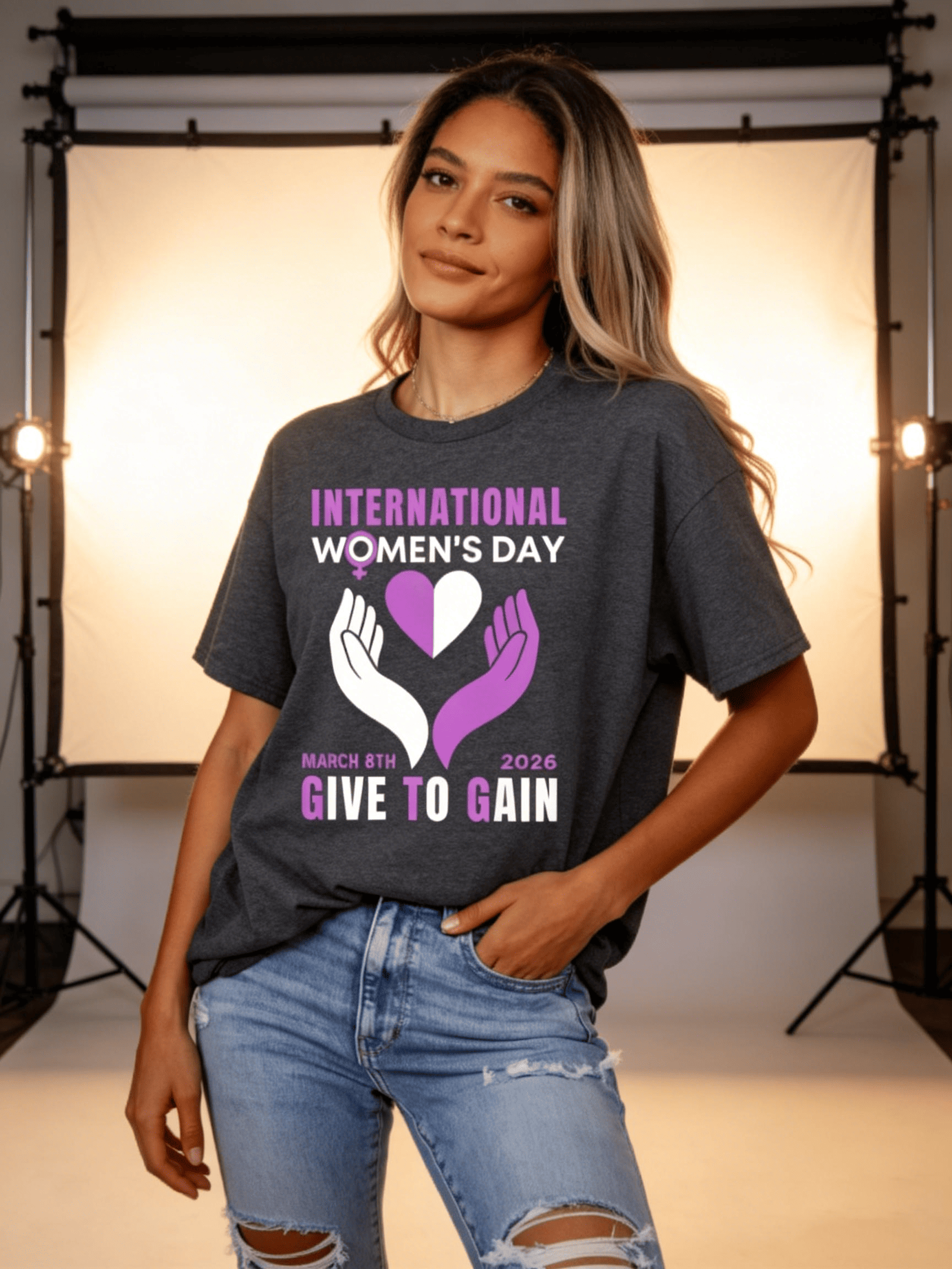 Women's 2026 IWD 'Give To Gain' Heart Gray T-Shirt