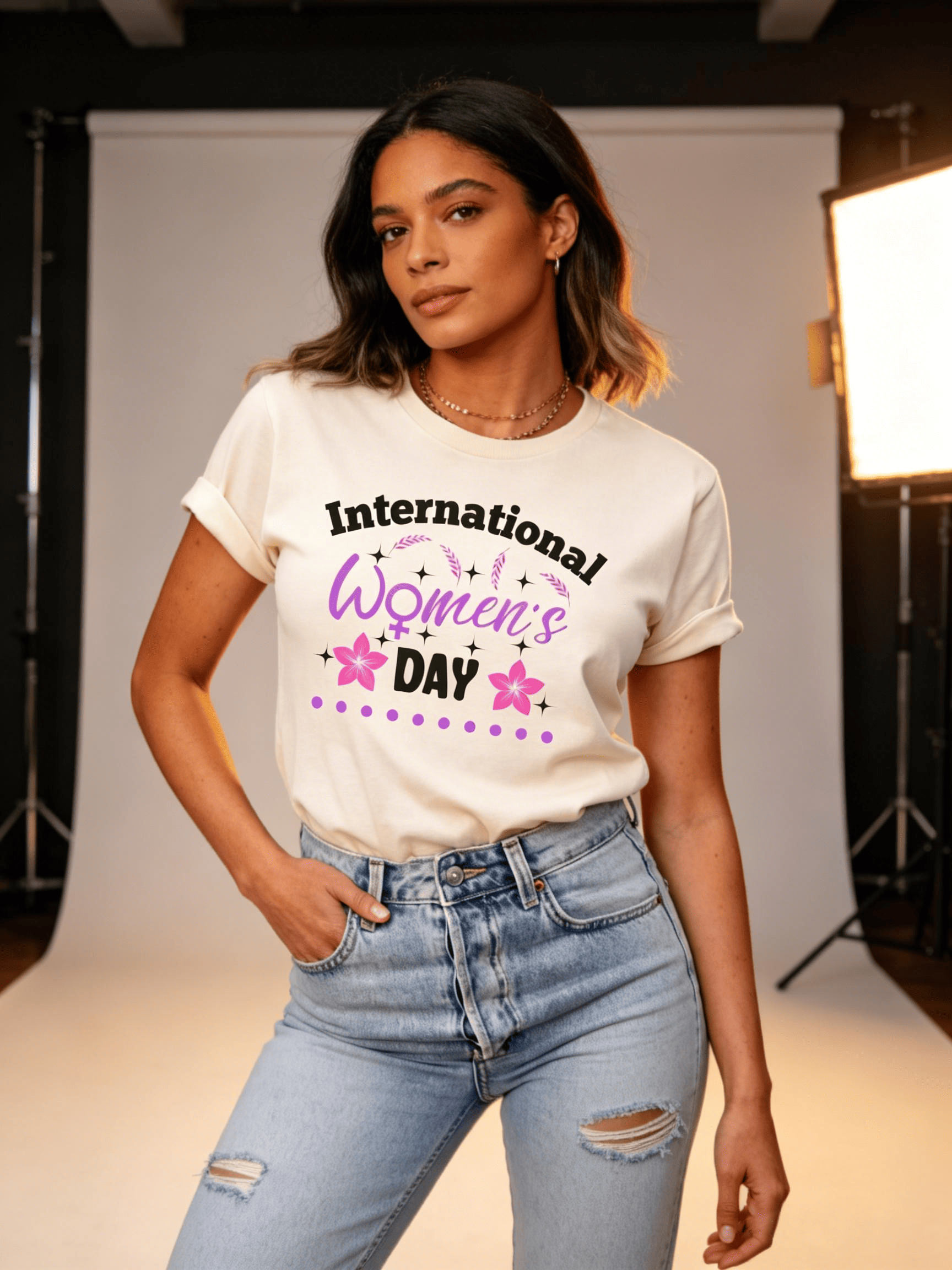 Women's IWD Floral Accent Graphic Beige T-Shirt