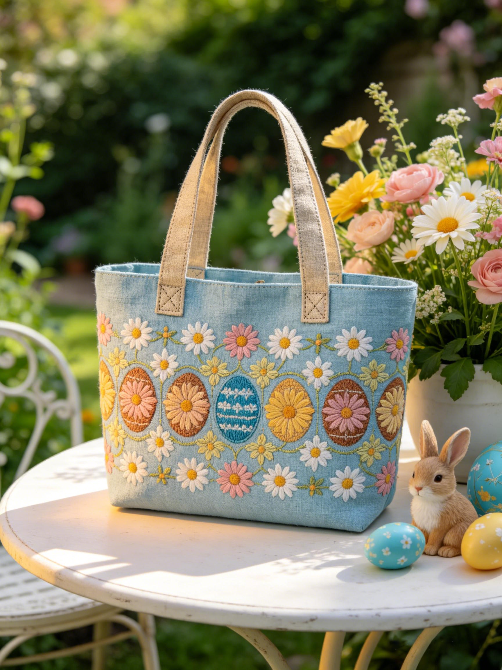 Daisy & Egg Embroidery Easter Tote Bag