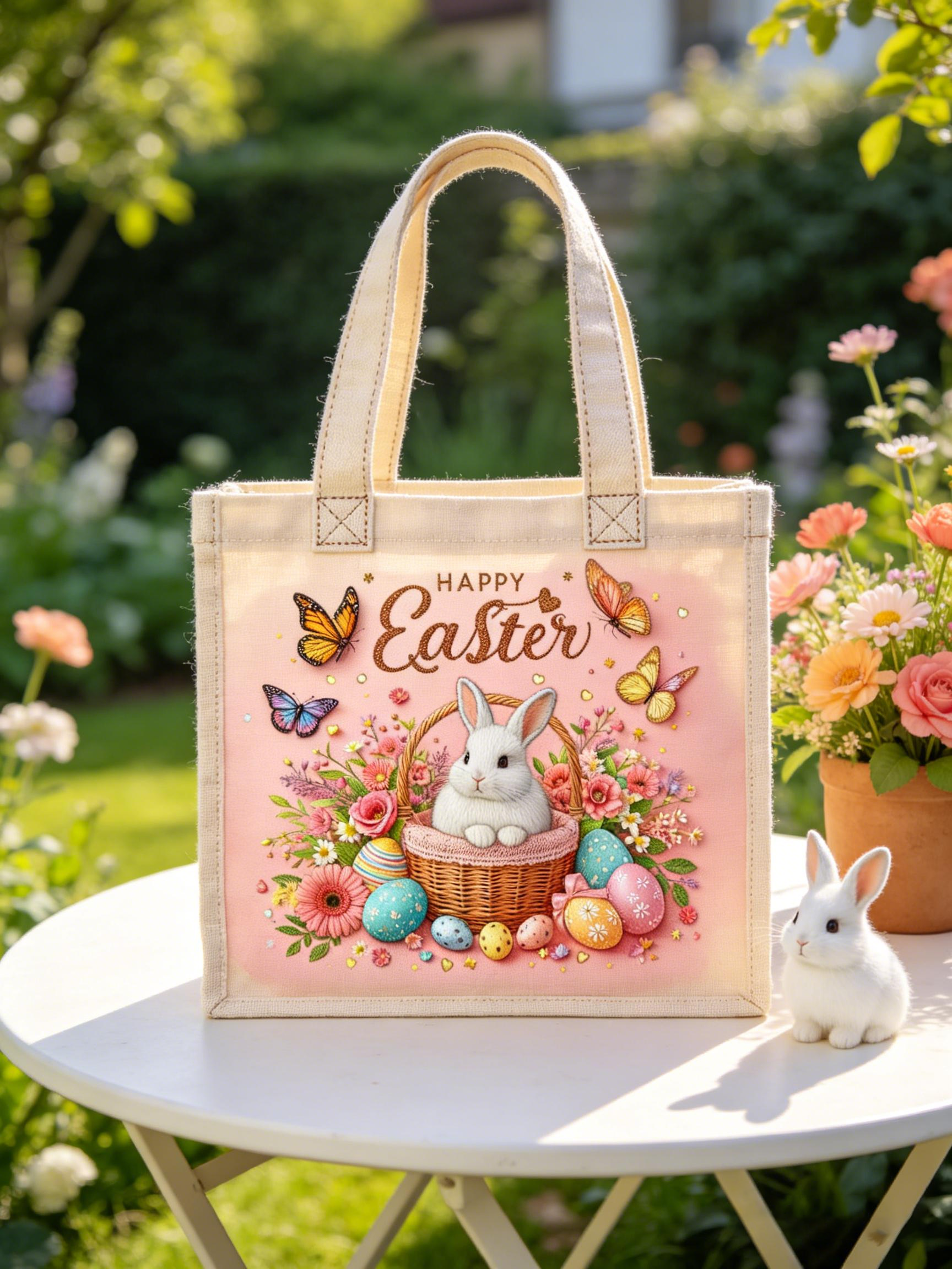 Bunny in Basket 3D Decor Easter Canvas Bag