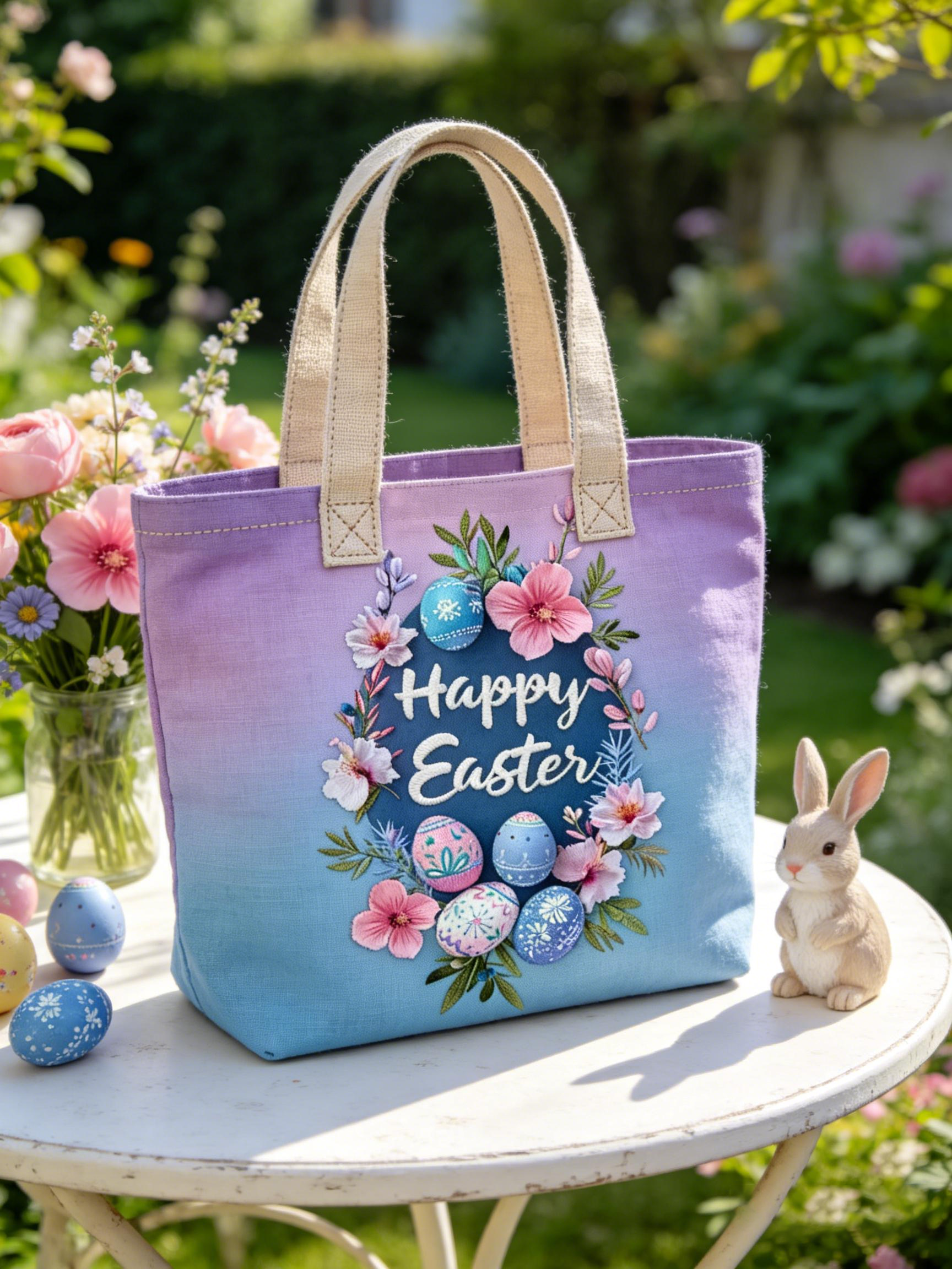 Purple-Blue Ombre Wreath & Egg Easter Tote Bag