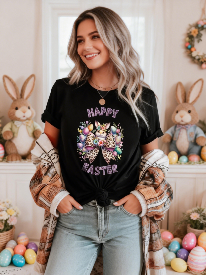 Women's Leopard Bow & Egg Happy Easter T-Shirt
