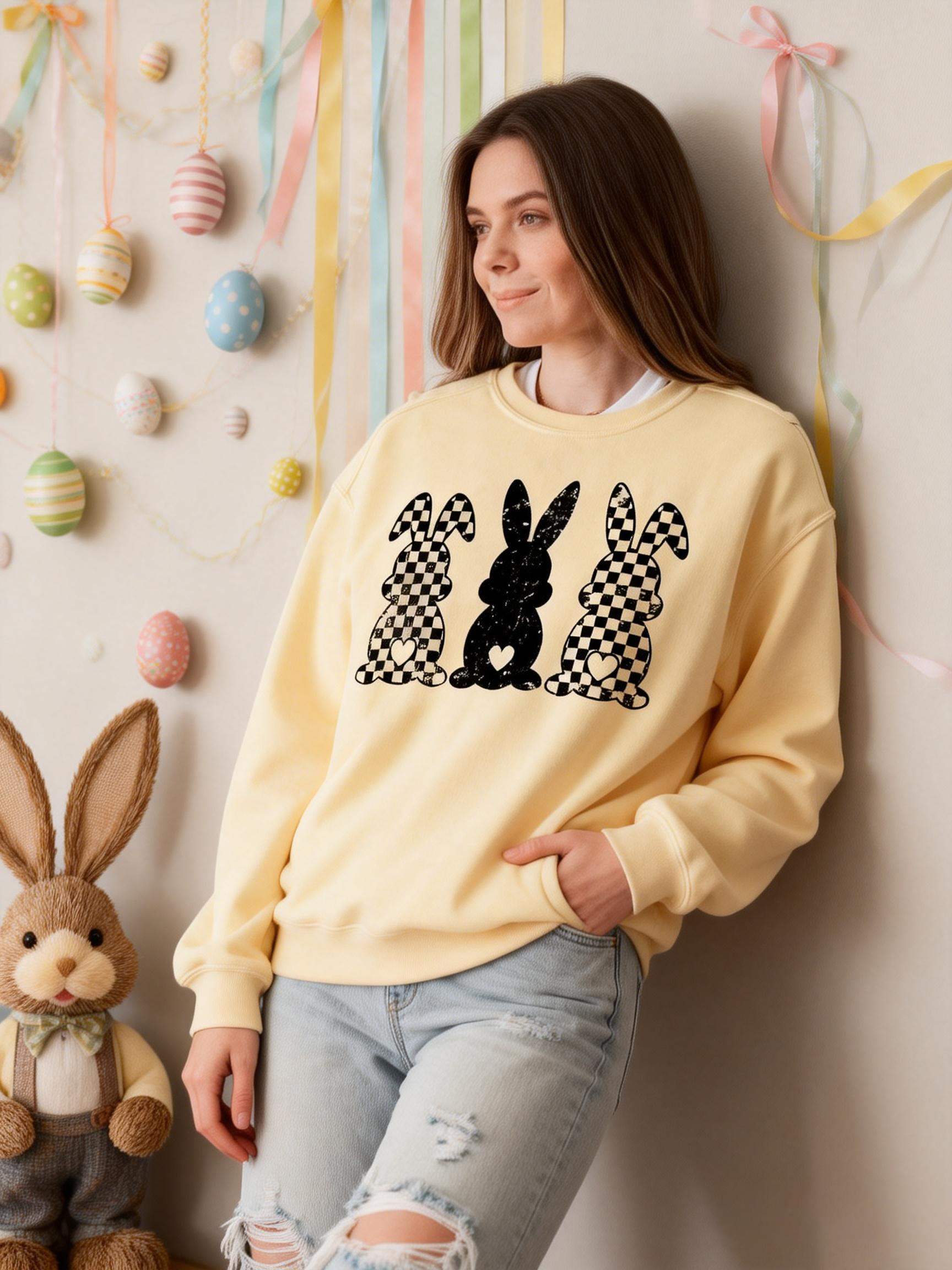 Women's Checkered Bunny Silhouette Easter Sweatshirt