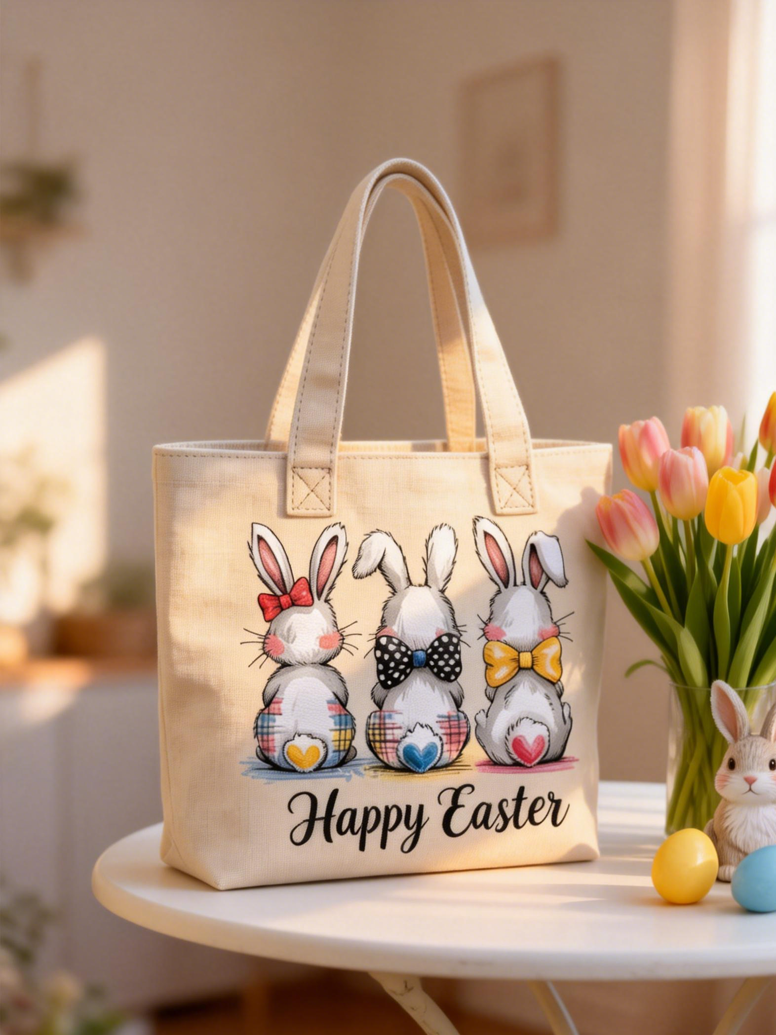 Three Bow Tie Bunnies Easter Canvas Bag