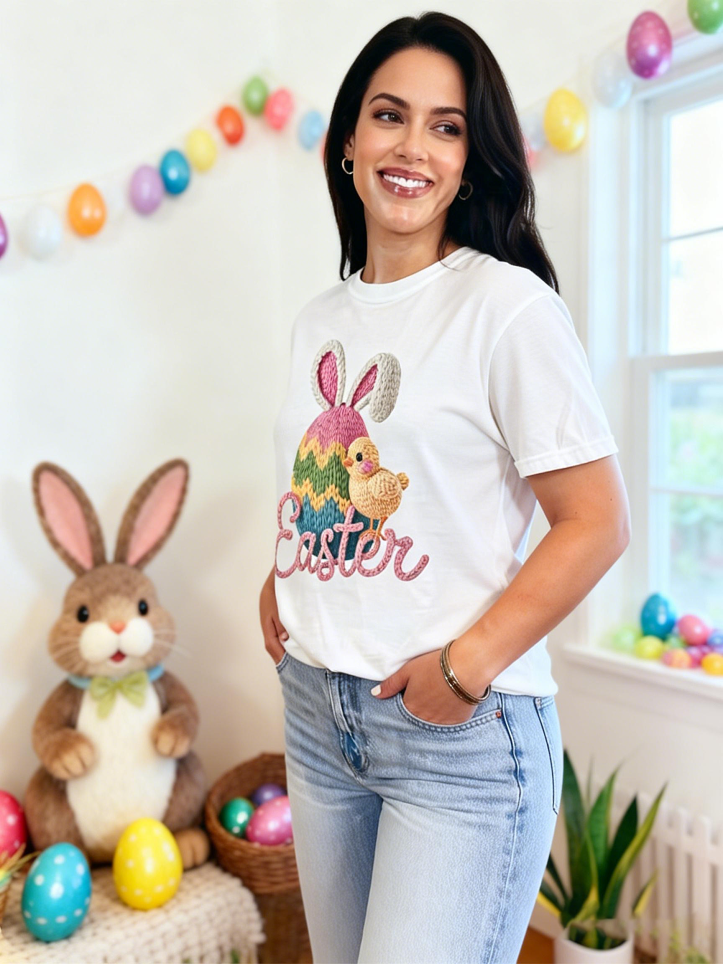 Women's Knitted Style Bunny & Chick Easter T-Shirt