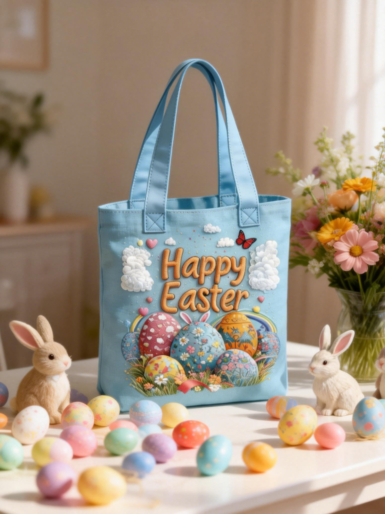 3D Easter Egg Embroidery Tote Bag
