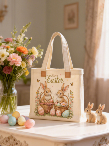 Vintage Double Bunny Basket Easter Canvas Bag