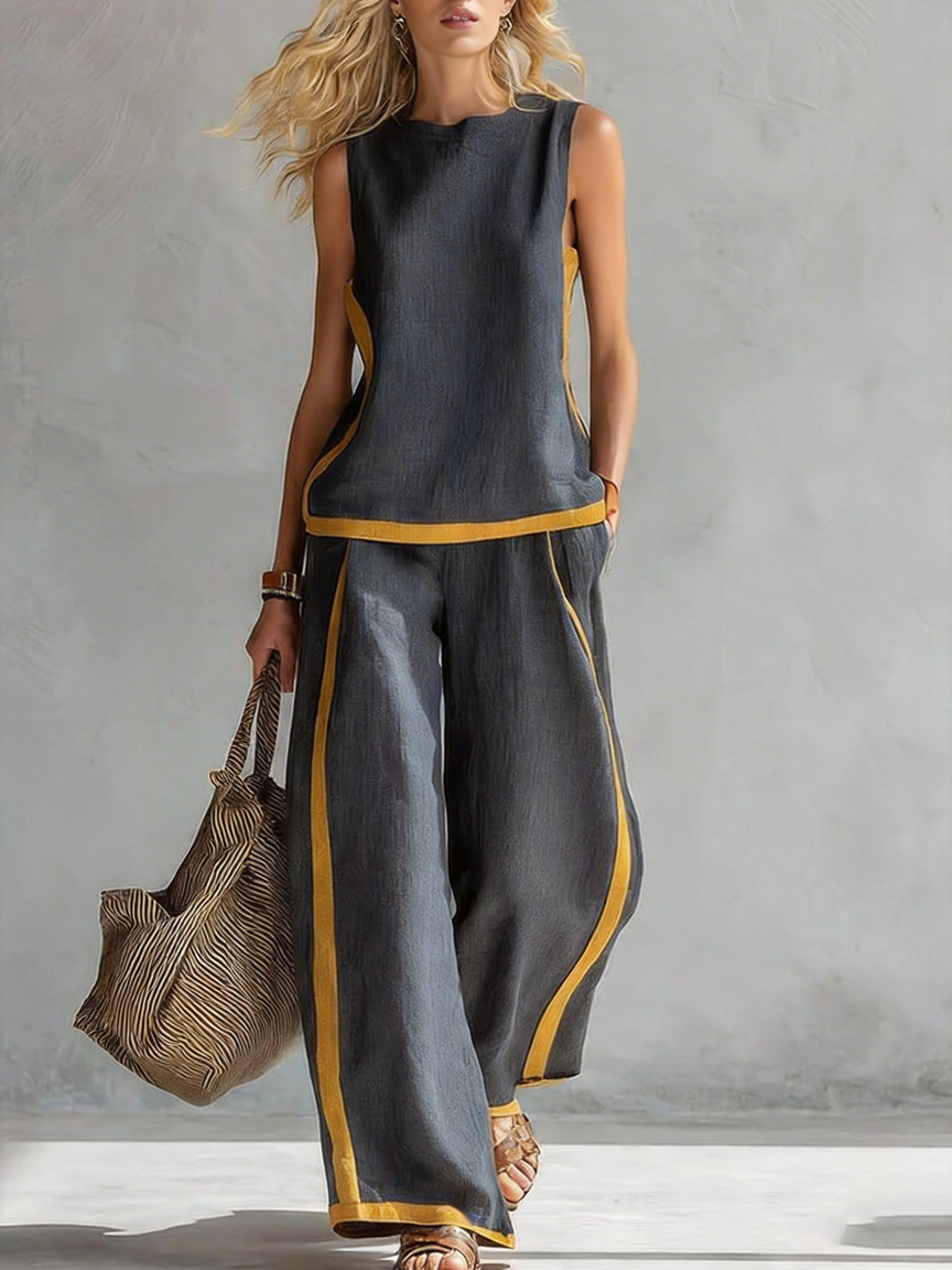 Women's Round Neck Sleeveless Casual Loose Top And High-waisted Loose Wide-leg Pants Cotton And Linen Set.
