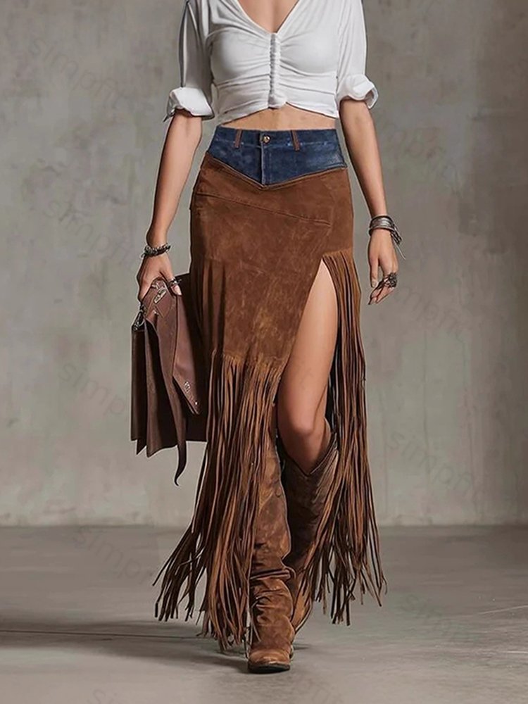 Simpfit Vintage-Rock im Western-Denim-Stil mit Fransen am Wildledersaum und unregelmäßigem Schnitt