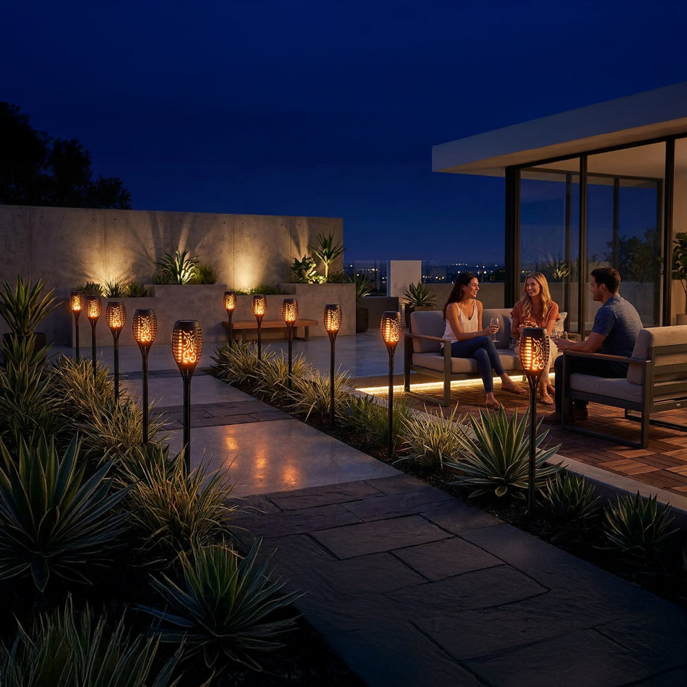 Solar-powered simulated flame lawn light