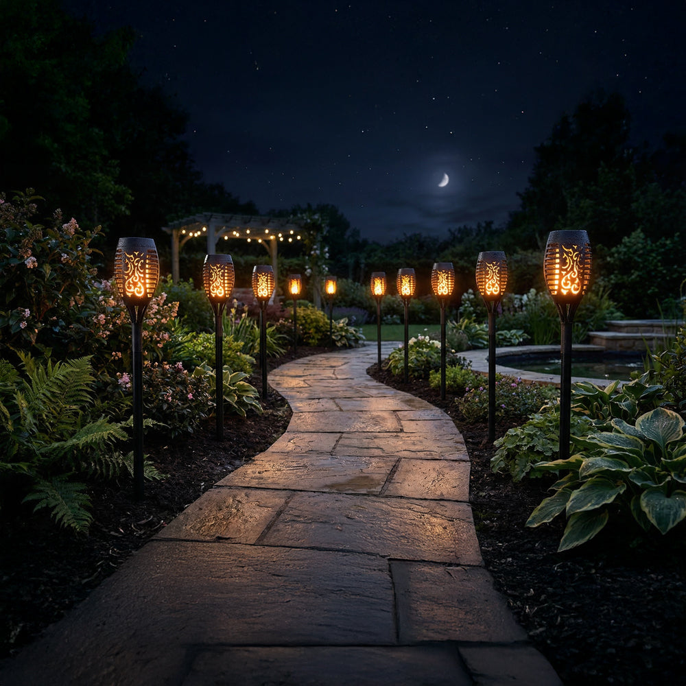 Solar-powered simulated flame lawn light
