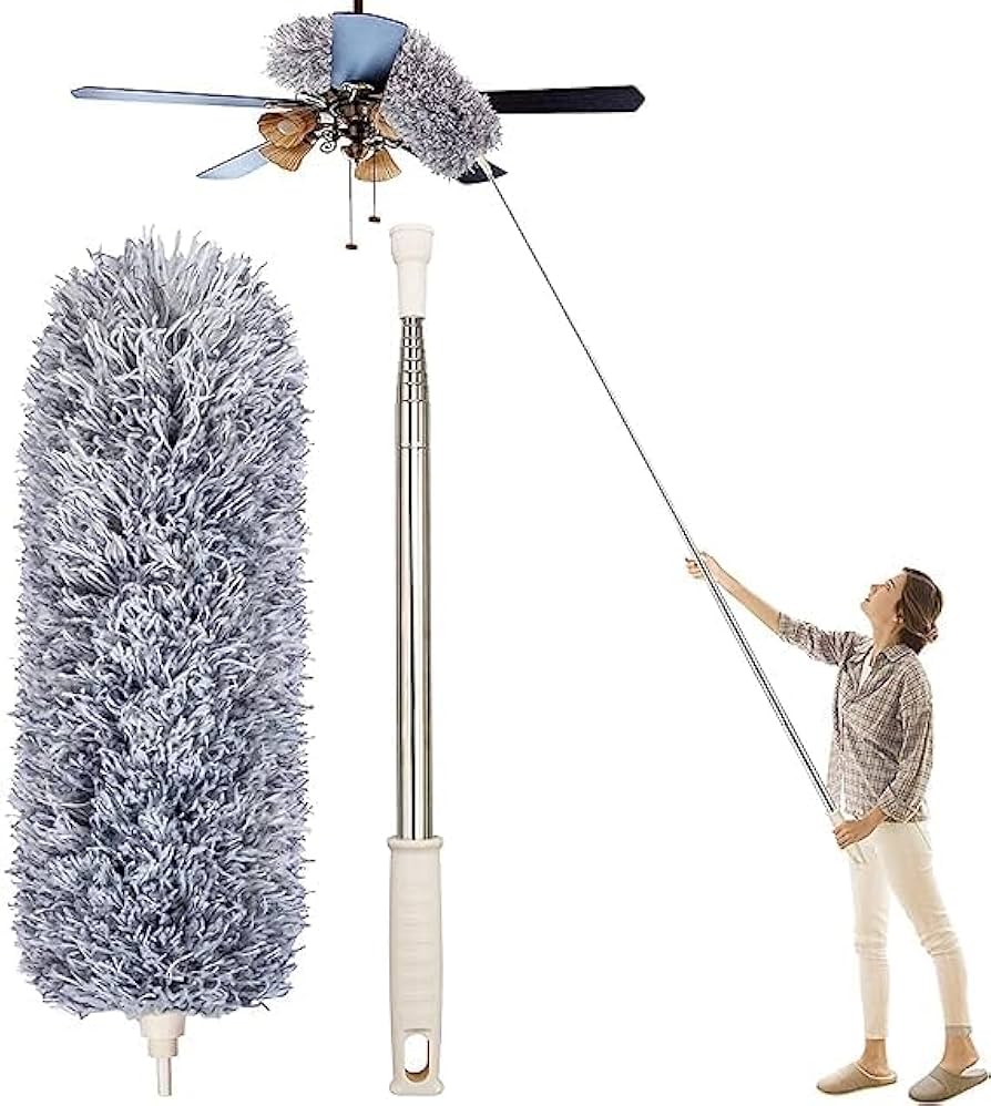 Long Handle Microfiber Feather Ceiling Duster, with 100 inches Extra Long Pole, Bendable Head & Scratch-Resistant Hat for Cleaning Ceiling Fan