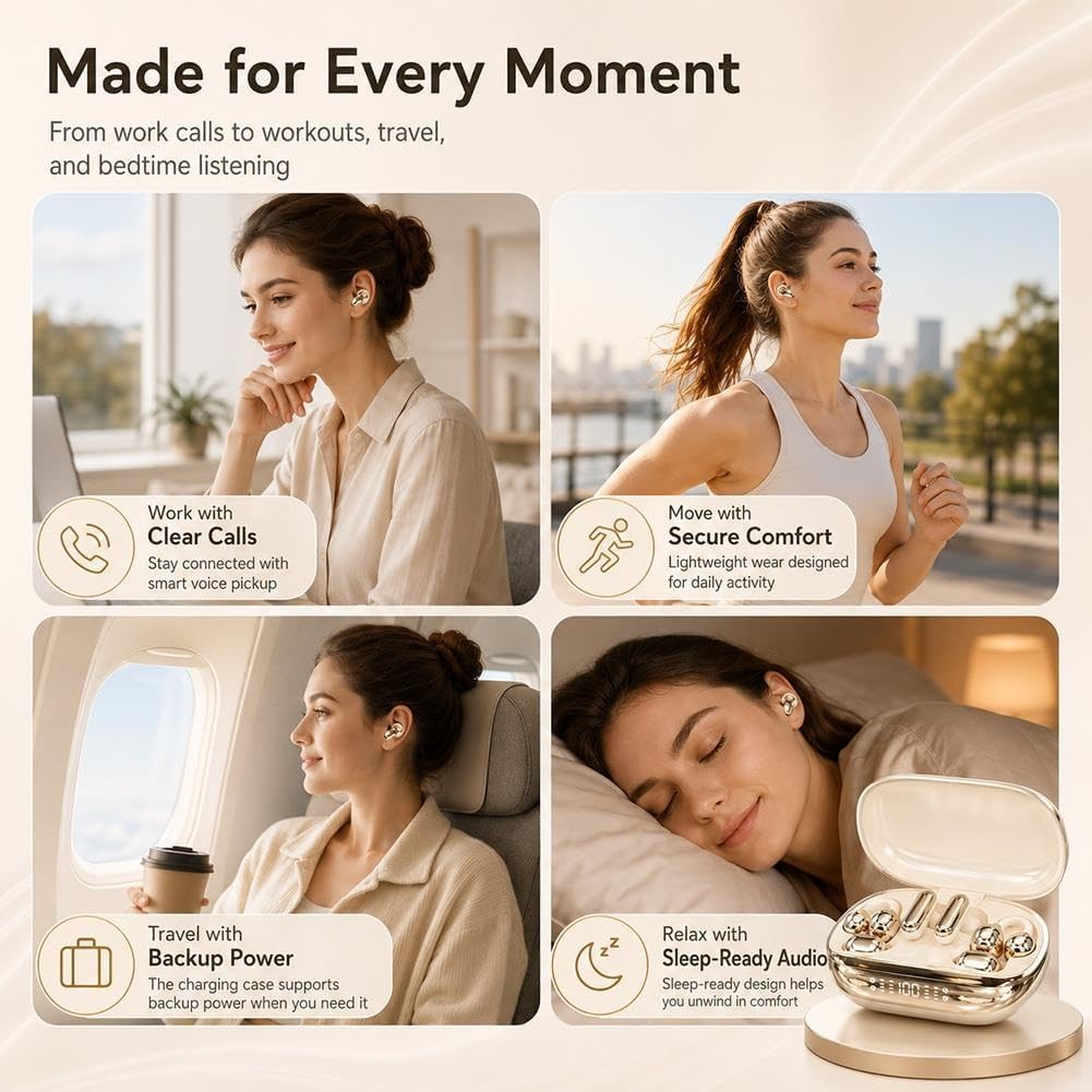6 in 1 Smart Wireless Earbuds, Open Ear Clip on Sleep Headphones, Bluetooth 6 0, Power Bank Charging Case, LED Display Touch Control, Low Latency Spatial Audio, AI Noise Reduction