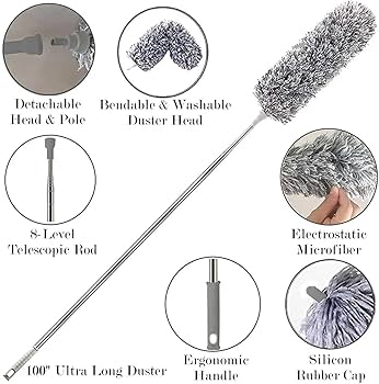 Long Handle Microfiber Feather Ceiling Duster, with 100 inches Extra Long Pole, Bendable Head & Scratch-Resistant Hat for Cleaning Ceiling Fan