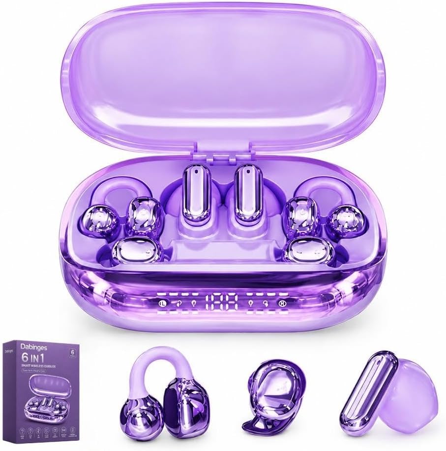 6 in 1 Smart Wireless Earbuds, Open Ear Clip on Sleep Headphones, Bluetooth 6 0, Power Bank Charging Case, LED Display Touch Control, Low Latency Spatial Audio, AI Noise Reduction