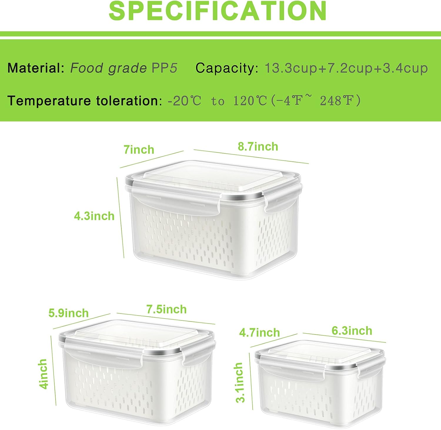 Fruit Storage Containers for Fridge, 3 Pcs Produce Saver with Colander for Rinsing, Berry Containers Lettuce Keeper Refrigerator Organizers Airtight Food Storage with Lid
