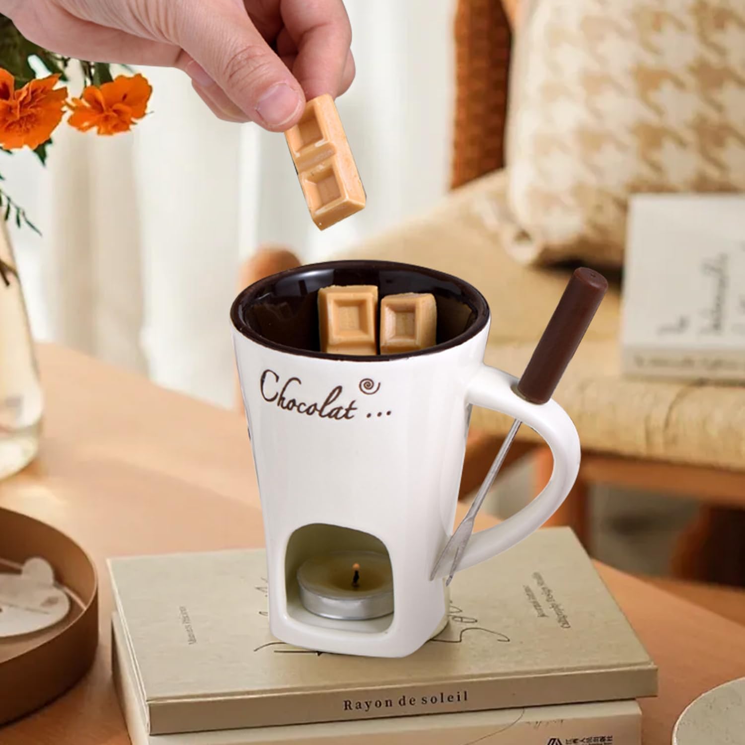 Chocolate fondue mug with fork