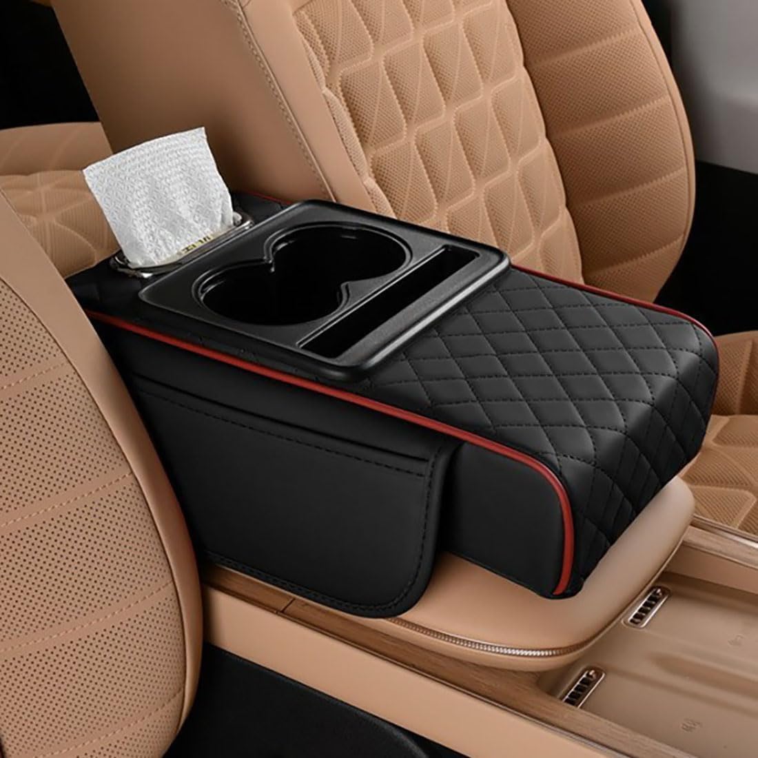 Car Armrest Cushion,5-in-1 Center Console Cover with 2 Storage Bags Cup Holder, Tissue Box Slot, Phone Slot for Sedans, Car Accessories Interior Organizers (Gey)