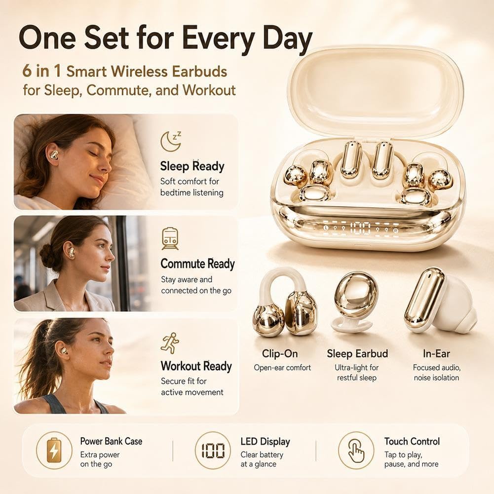 6 in 1 Smart Wireless Earbuds, Open Ear Clip on Sleep Headphones, Bluetooth 6 0, Power Bank Charging Case, LED Display Touch Control, Low Latency Spatial Audio, AI Noise Reduction