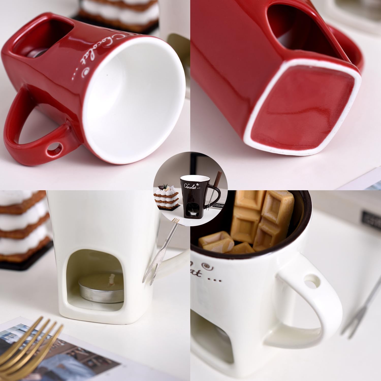 Chocolate fondue mug with fork