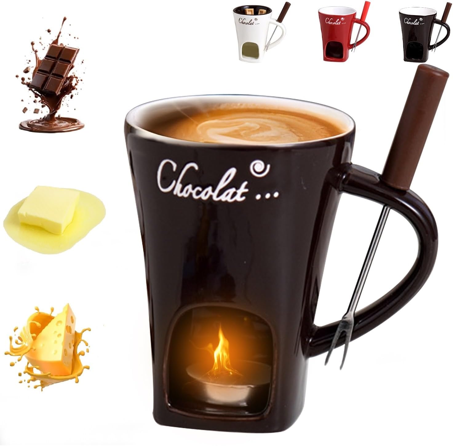 Chocolate fondue mug with fork