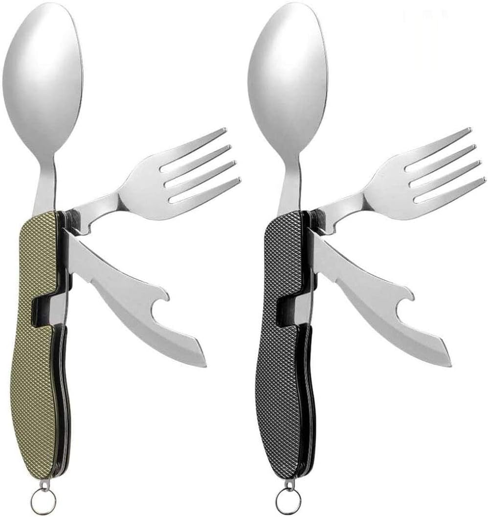 2Pcs Detachable Camping Utensils Cutlery Set, Caudblor Portable 4 in 1 Stainless Steel Travel Utensil, Foldable Knife Fork Spoon Bottle Opener, Multi Function Eating Flatware Tableware(Green Black)