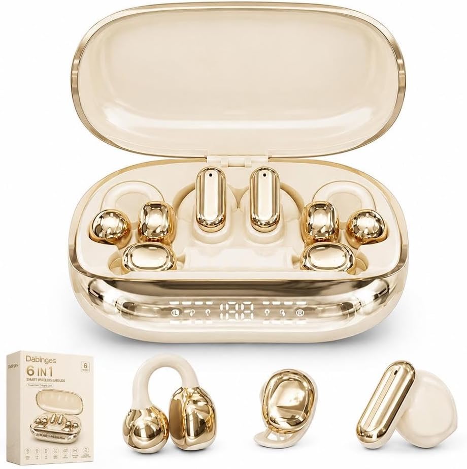 6 in 1 Smart Wireless Earbuds, Open Ear Clip on Sleep Headphones, Bluetooth 6 0, Power Bank Charging Case, LED Display Touch Control, Low Latency Spatial Audio, AI Noise Reduction