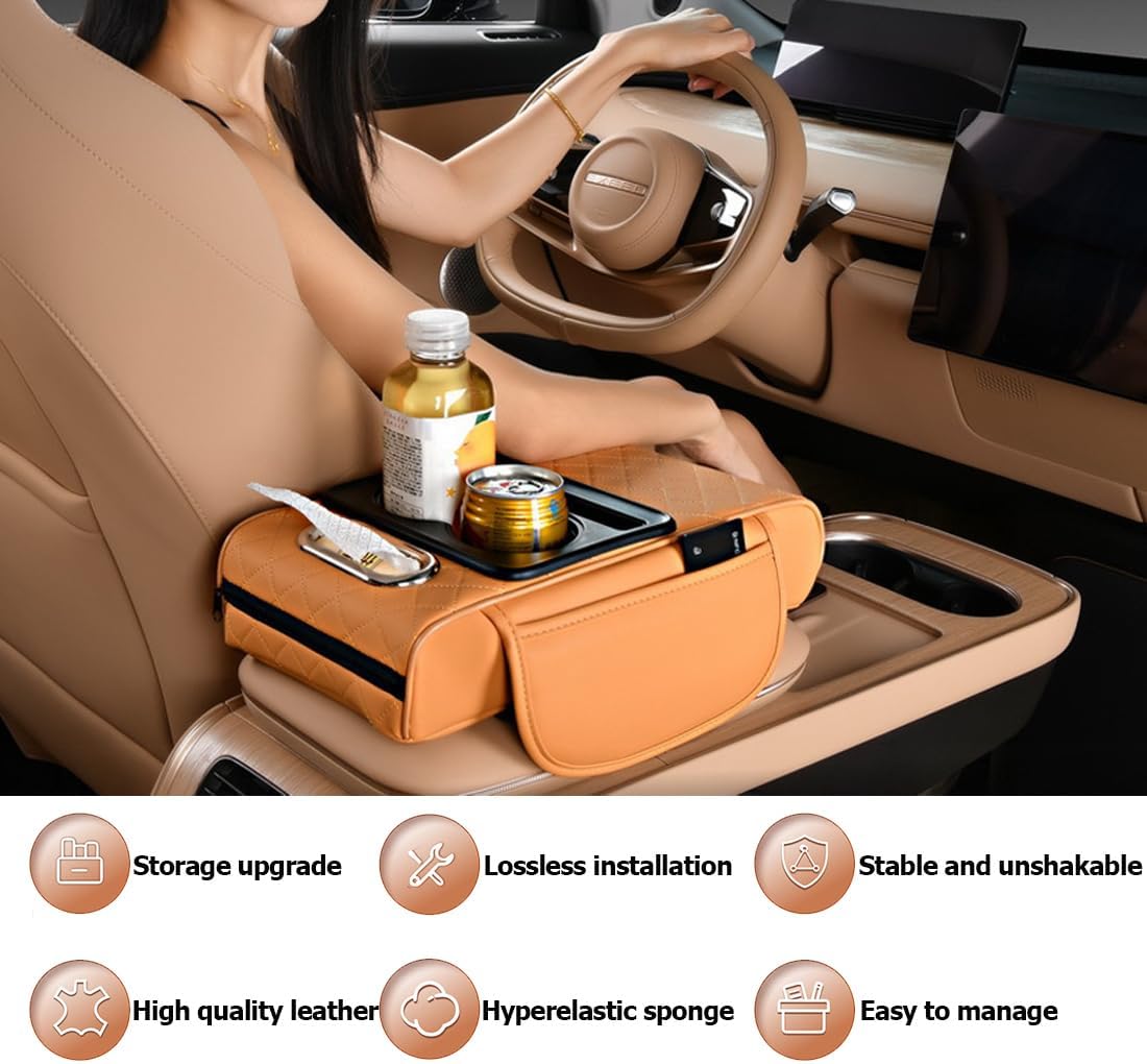Car Armrest Cushion,5-in-1 Center Console Cover with 2 Storage Bags Cup Holder, Tissue Box Slot, Phone Slot for Sedans, Car Accessories Interior Organizers (Gey)